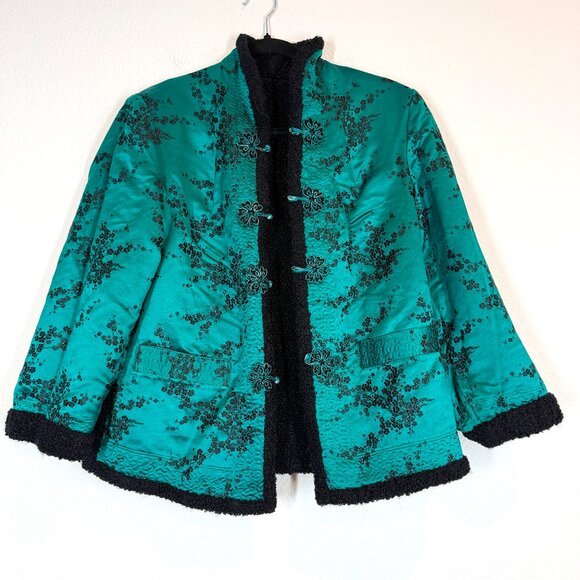 Vintage Chinese Jacket Teal Black Brocade Satin Reversible Mandarin Boho Small - Picture 10 of 10